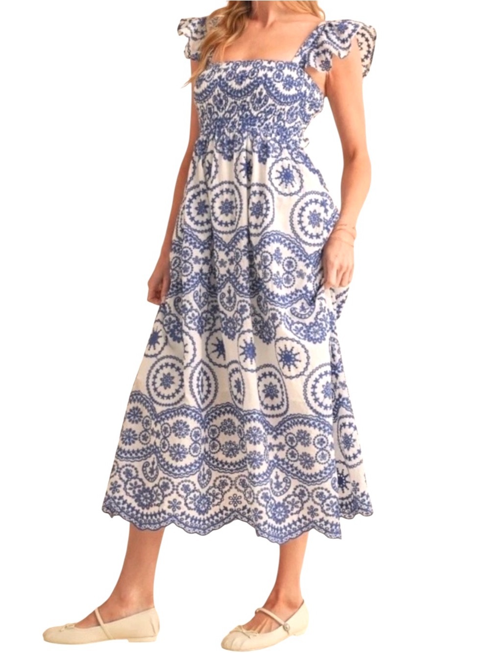 Sunday Up Midi Eyelet Dress Sz M Blue white Romanic Feminine resort Back cutout